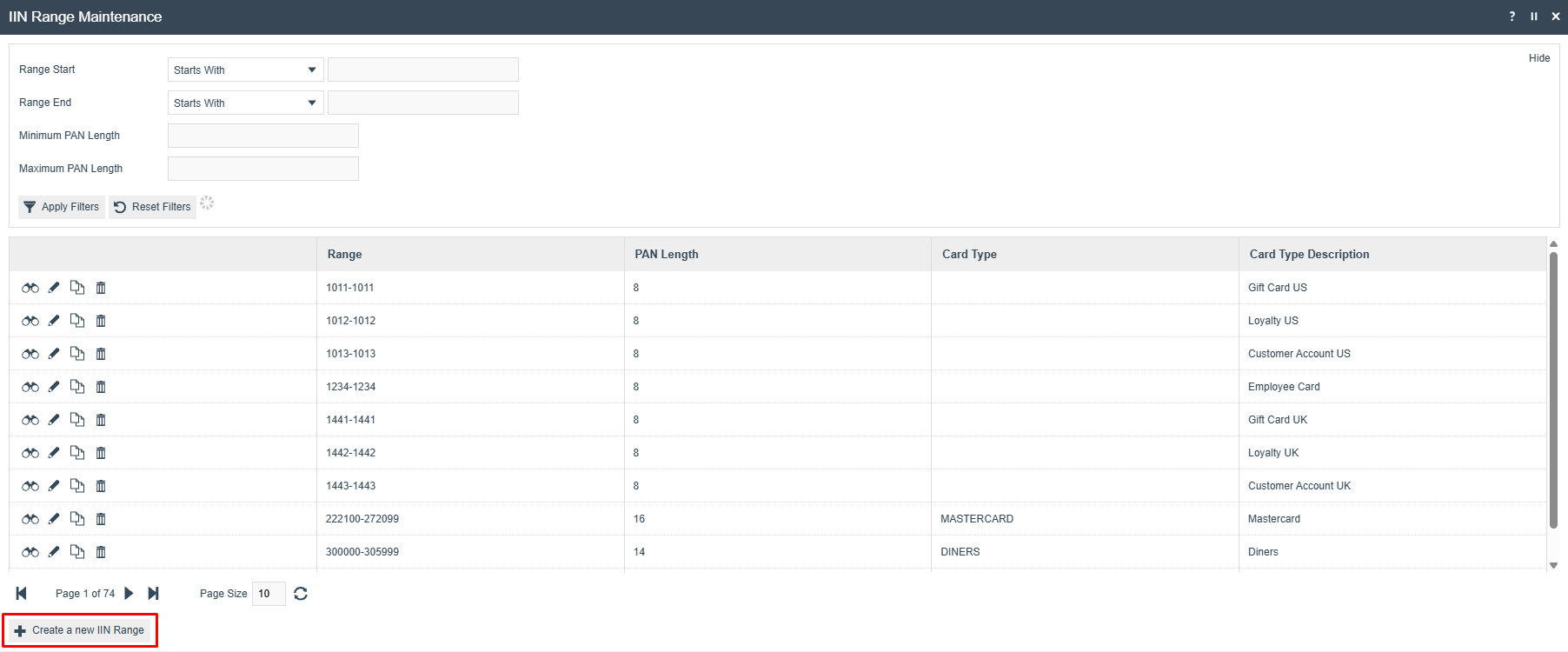 IIN Range Maintenance list showing existing ranges and a Create a new IIN Range button.