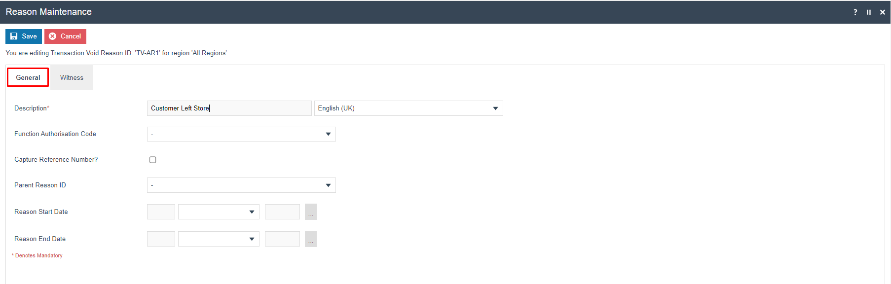 Reason Maintenance General tab for Transaction Void Reason TV-AR1. Description is set to 'Customer Left Store' with locale English (UK).
