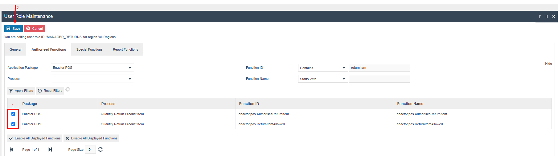 User Role Maintenance Authorised Functions tab with both returnitem privileges now checked.