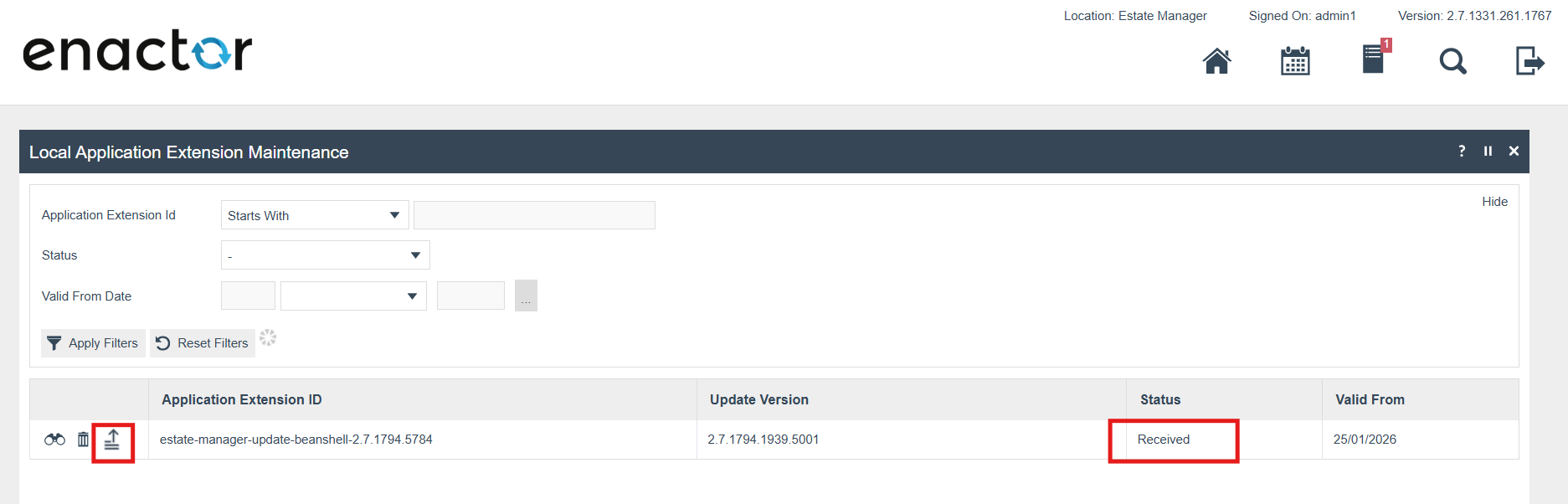 Local Application Extension Maintenance list page with the Deploy icon highlighted on a Received record