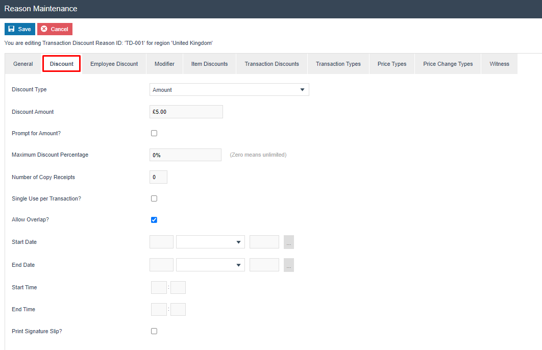Reason Maintenance Discount tab for Transaction Discount TD-001, showing the same discount configuration fields as for Item Discount.