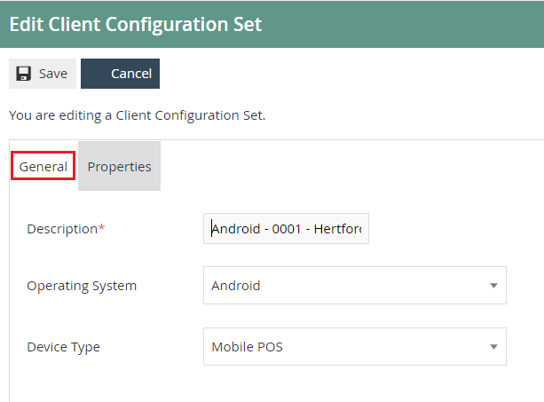 Client Configuration Set editor on the General tab with fields for Description, Operating System, and Device Type