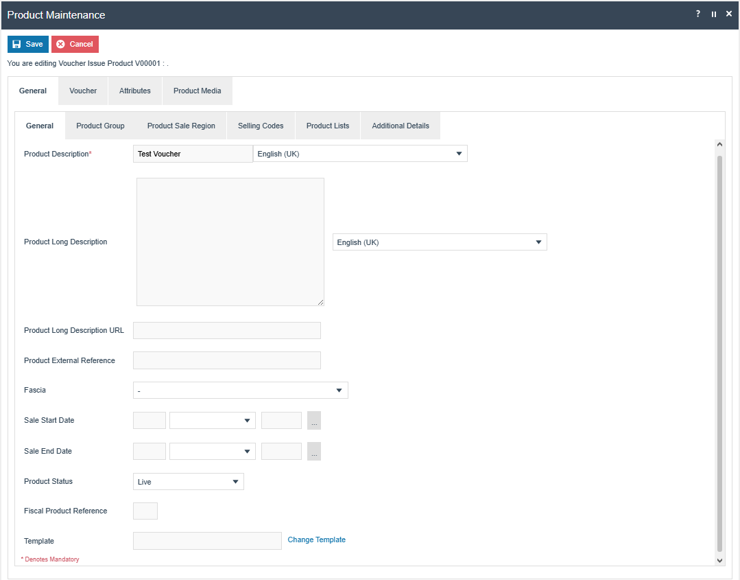 Product Maintenance showing a Voucher Issue Product with the standard product configuration tabs