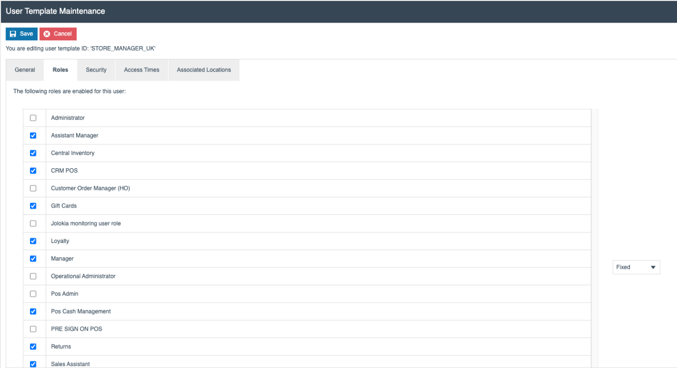 User Template Maintenance Roles tab showing a list of assigned user roles.