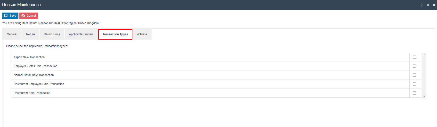 Reason Maintenance Transaction Types tab for IR-001, United Kingdom region. Normal Retail Sale is checked.
