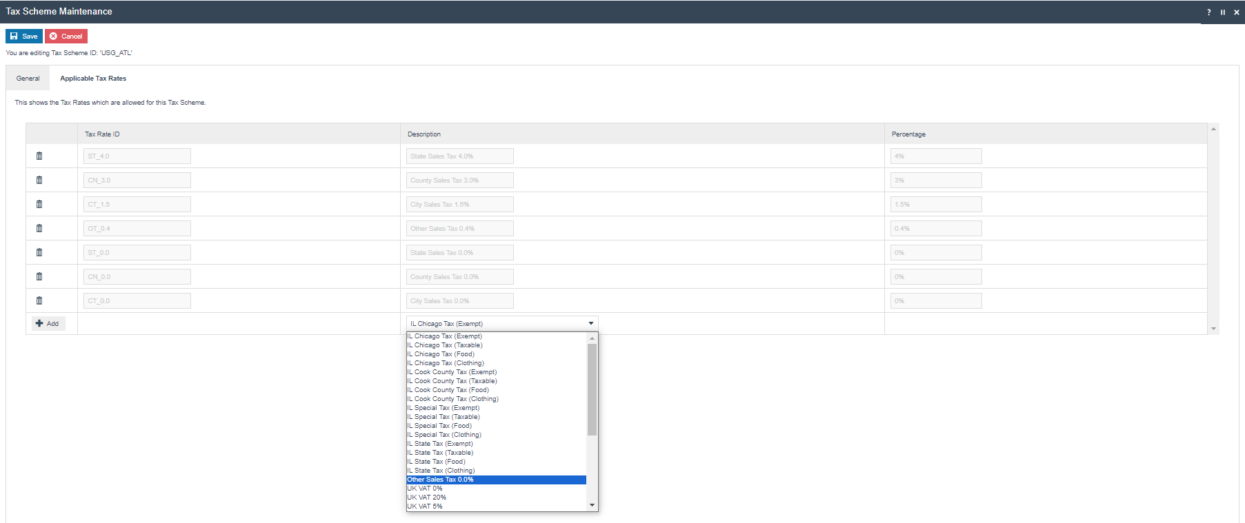 screenshot: Tax Scheme Applicable Tax Rates tab with eight rates added