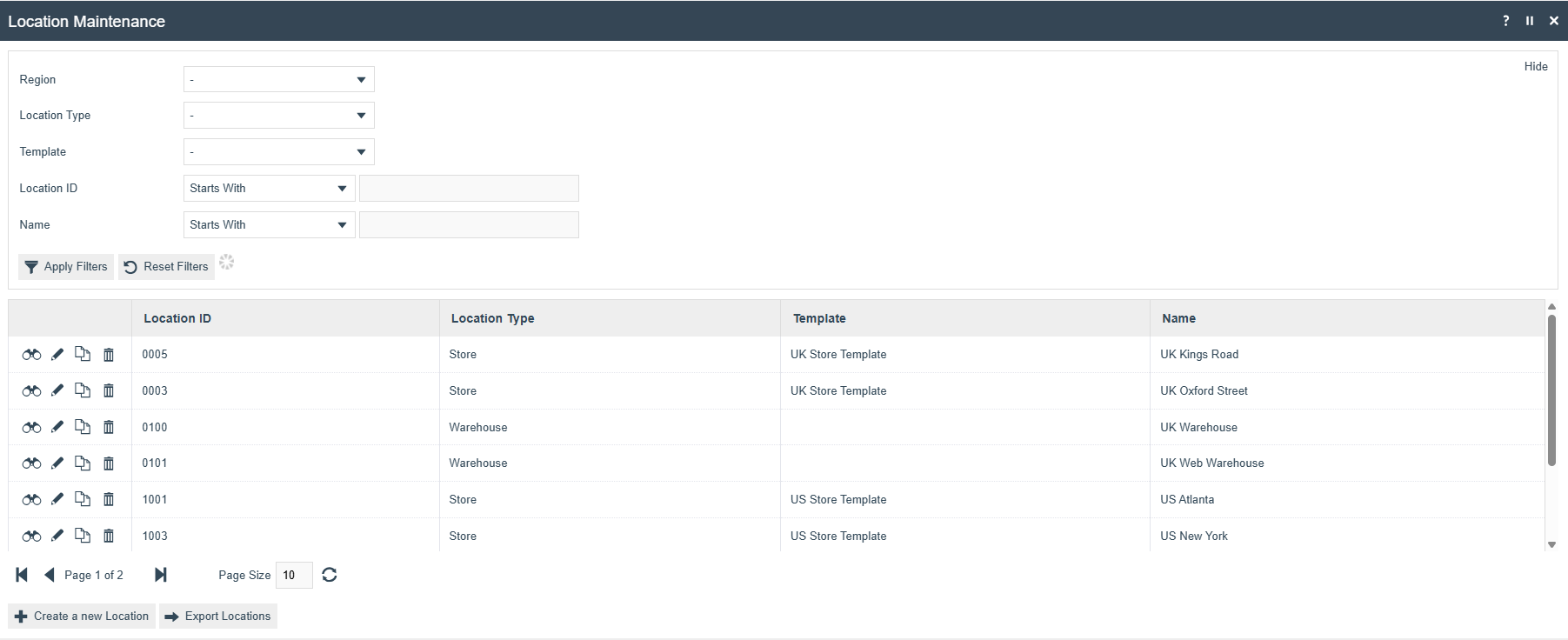 Location Maintenance list showing existing locations by Location ID, Location Type, Template and Name, with Create a new Location and Export Locations buttons.