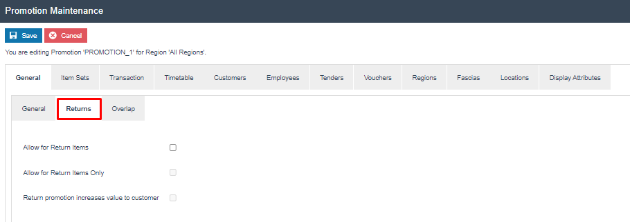 Promotion Maintenance on the General - Returns tab. All three options (Allow for Return Items, Allow for Return Items Only, Return promotion increases value to customer) are unchecked.