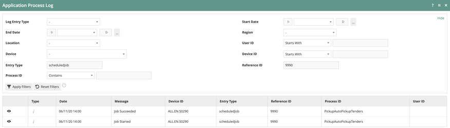 Application Process Log showing Job Succeeded and Job Started entries for PickupAutoPickupTenders with reference ID 9990