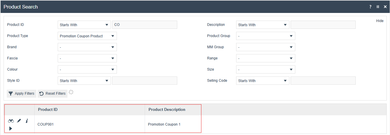 Product Search dialog filtered to Promotion Coupon Product, with COUP001 highlighted in the results.