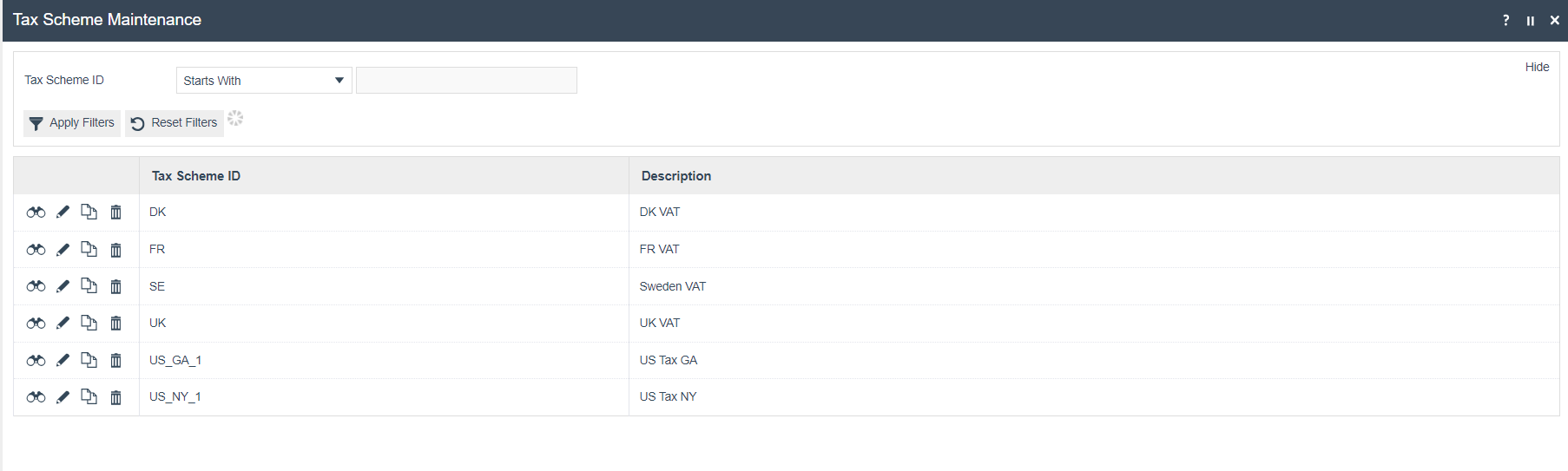 Tax Scheme Maintenance list showing existing schemes: DK, FR, SE, UK, US_GA_1, US_NY_1.