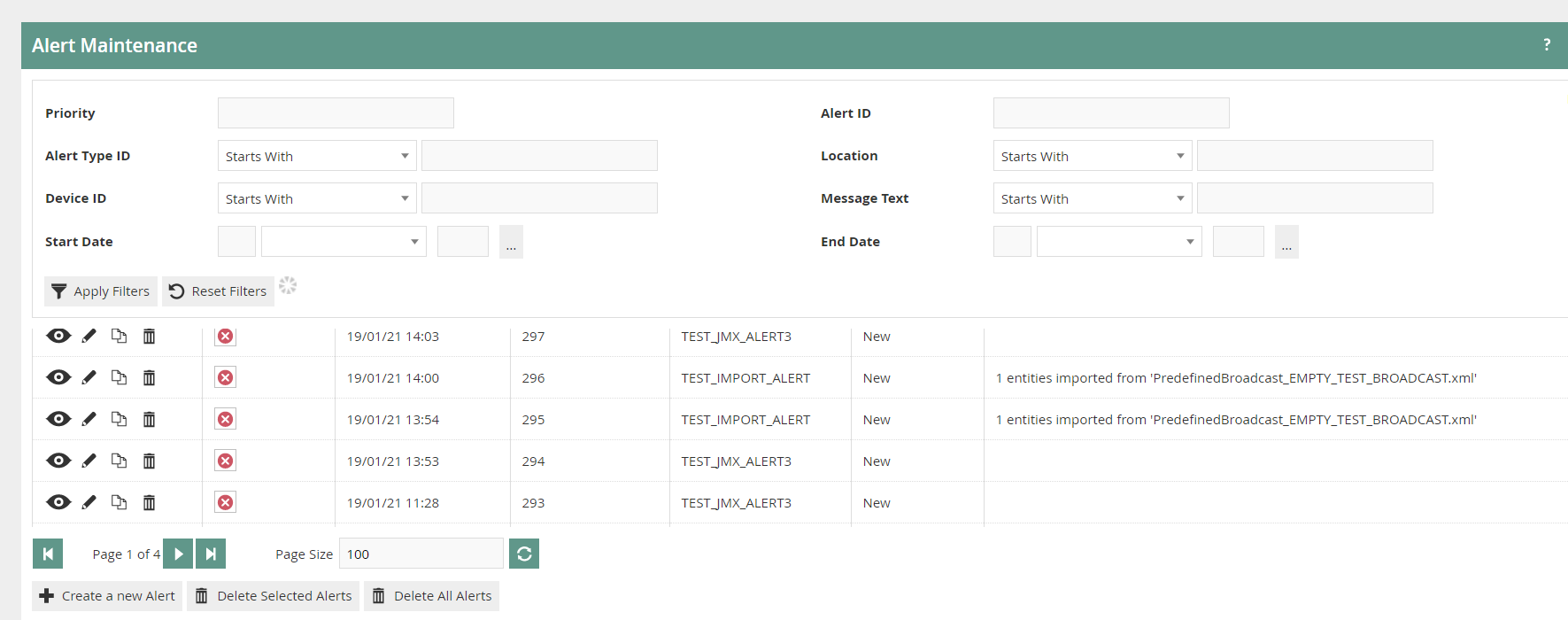 Alert Maintenance screen showing triggered TEST_IMPORT_ALERT entries with message text referencing PredefinedBroadcast_EMPTY_TEST_BROADCAST.xml