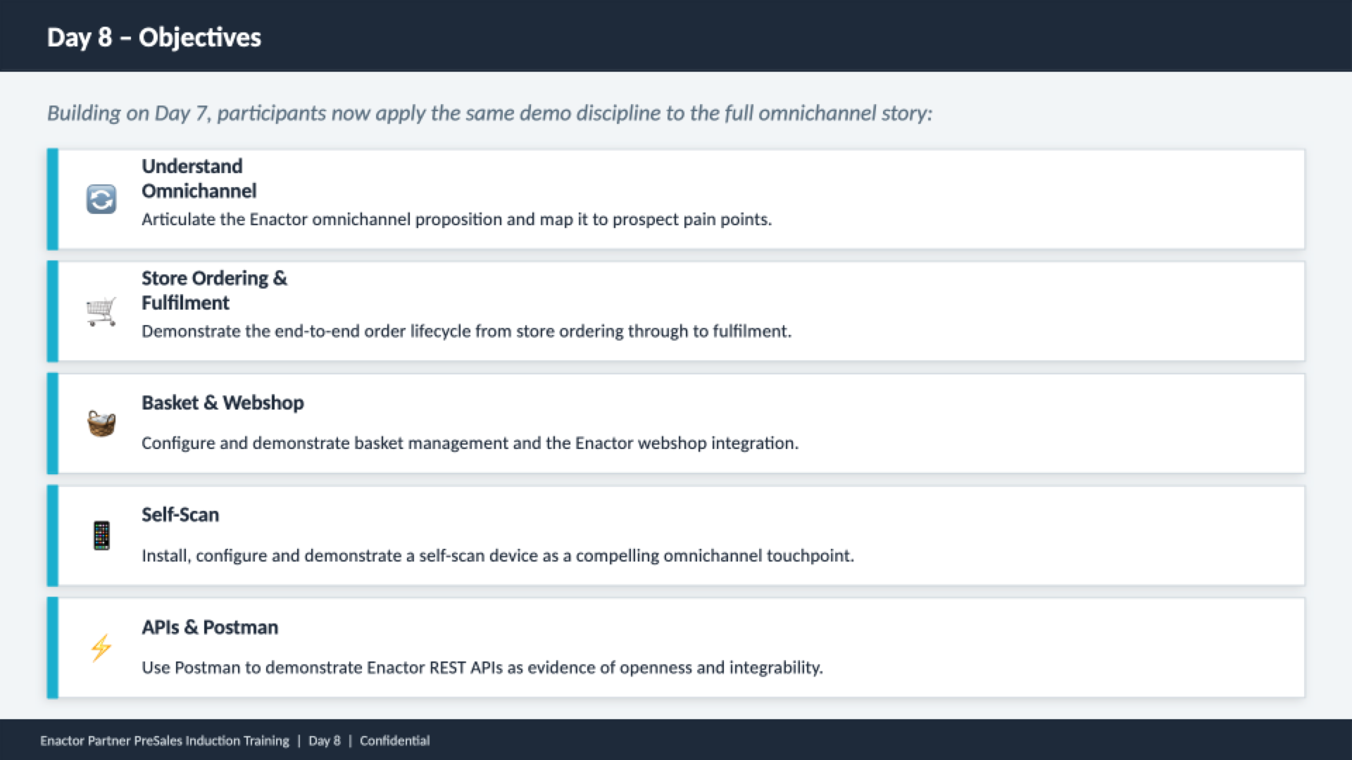 Day 8 objectives slide. Header bar: Day 8 - Objectives (dark background, white text). Intro text in italic: Building on Day 7, participants now apply the same demo discipline to the full omnichannel story. Five objective cards with teal left borders and icons: Understand Omnichannel -- Articulate the Enactor omnichannel proposition and map it to prospect pain points. Store Ordering and Fulfilment -- Demonstrate the end-to-end order lifecycle from store ordering through to fulfilment. Basket and Webshop -- Configure and demonstrate basket management and the Enactor webshop integration. Self-Scan -- Install, configure and demonstrate a self-scan device as a compelling omnichannel touchpoint. APIs and Postman -- Use Postman to demonstrate Enactor REST APIs as evidence of openness and integrability. Footer: Enactor Partner PreSales Induction Training | Day 8 | Confidential.