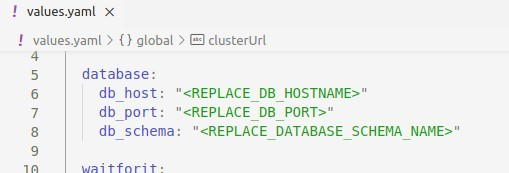 Database connection details in values.yaml