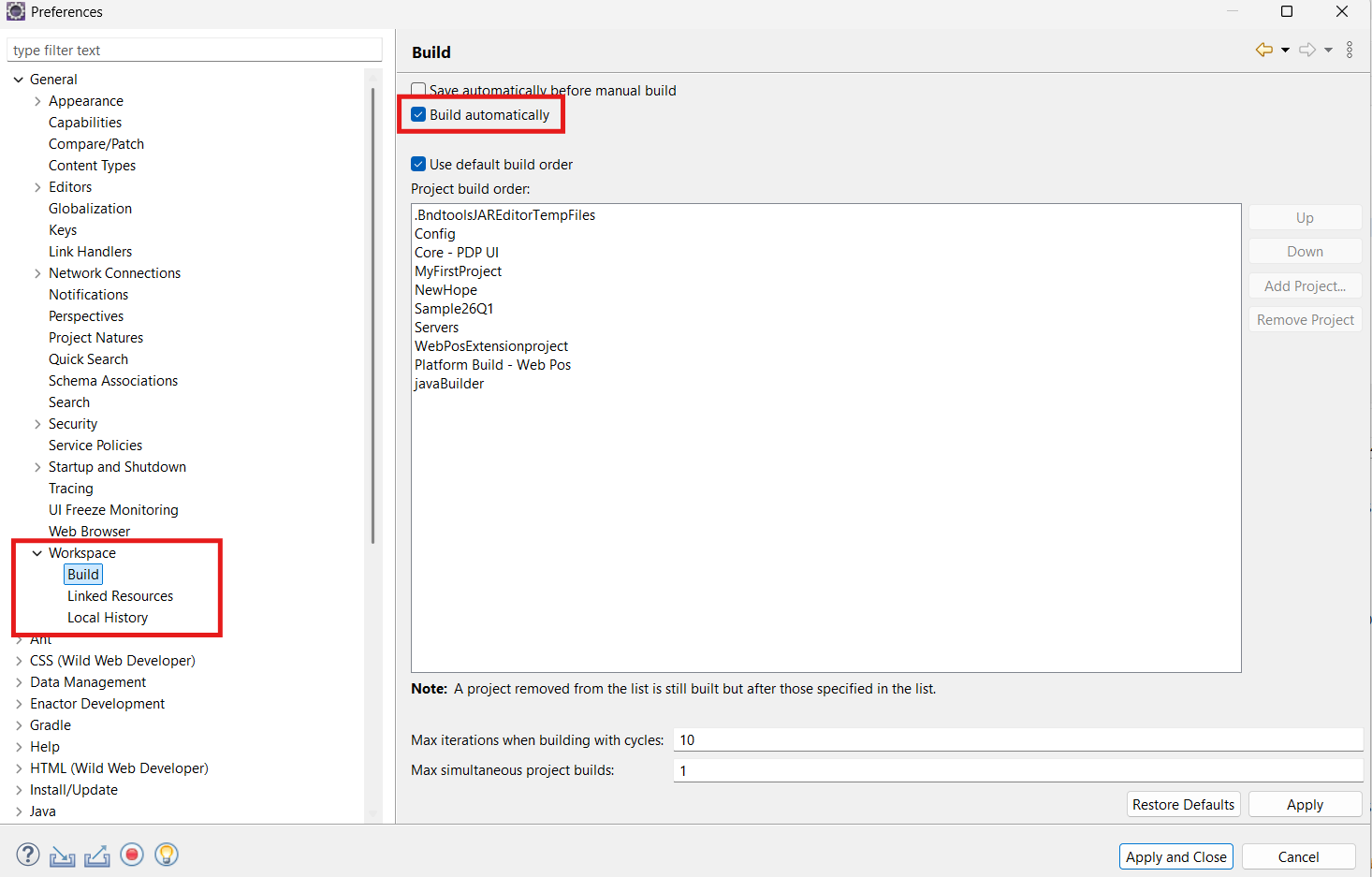 Build Automatically in Preferences