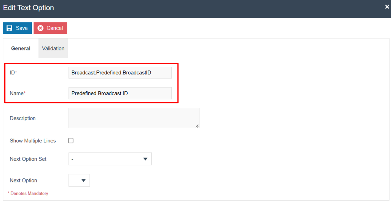 Data entry fields for Option ID and Display Name