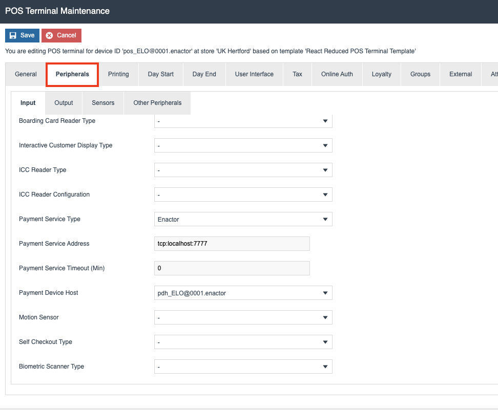 Peripherals tab for configuring payment hardware