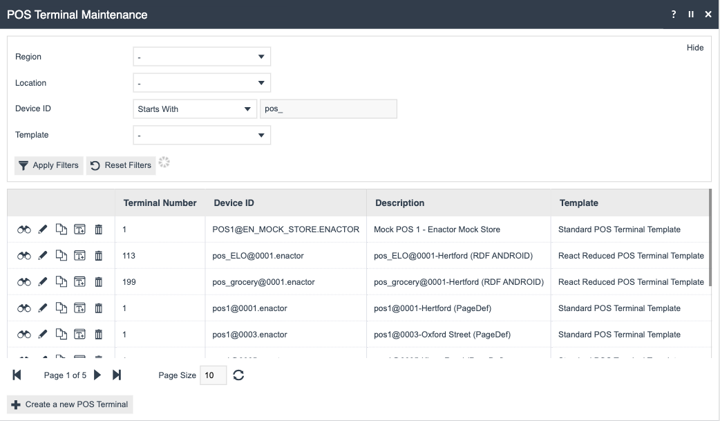 List of configured POS Terminals