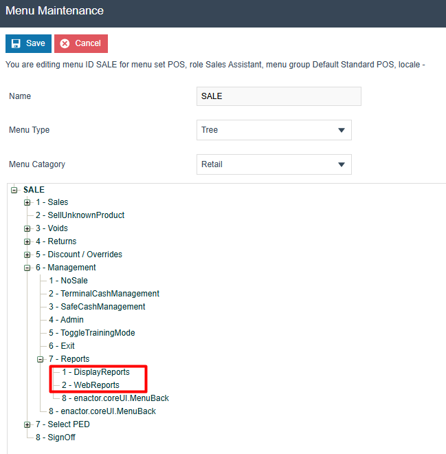 Sale Menu Display and Web Reports Buttons