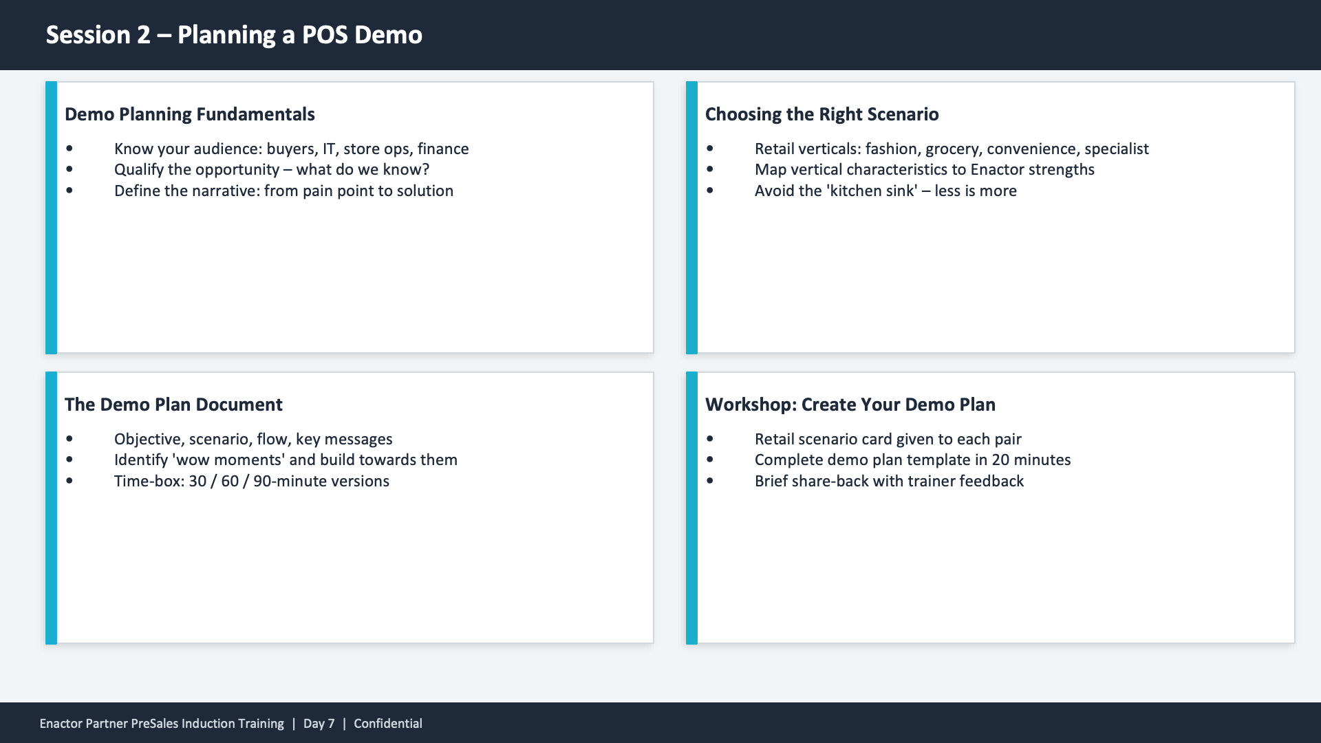 Session 2 content slide. Header: Session 2 -- Planning a POS Demo (dark banner). Four cards in a 2x2 grid layout, each with a teal left border. Top-left: Demo Planning Fundamentals -- Know your audience: buyers, IT, store ops, finance. Qualify the opportunity -- what do we know? Define the narrative: from pain point to solution. Top-right: Choosing the Right Scenario -- Retail verticals: fashion, grocery, convenience, specialist. Map vertical characteristics to Enactor strengths. Avoid the 'kitchen sink' -- less is more. Bottom-left: The Demo Plan Document -- Objective, scenario, flow, key messages. Identify 'wow moments' and build towards them. Time-box: 30 / 60 / 90-minute versions. Bottom-right: Workshop: Create Your Demo Plan -- Retail scenario card given to each pair. Complete demo plan template in 20 minutes. Brief share-back with trainer feedback. Footer: Enactor Partner PreSales Induction Training | Day 7 | Confidential.