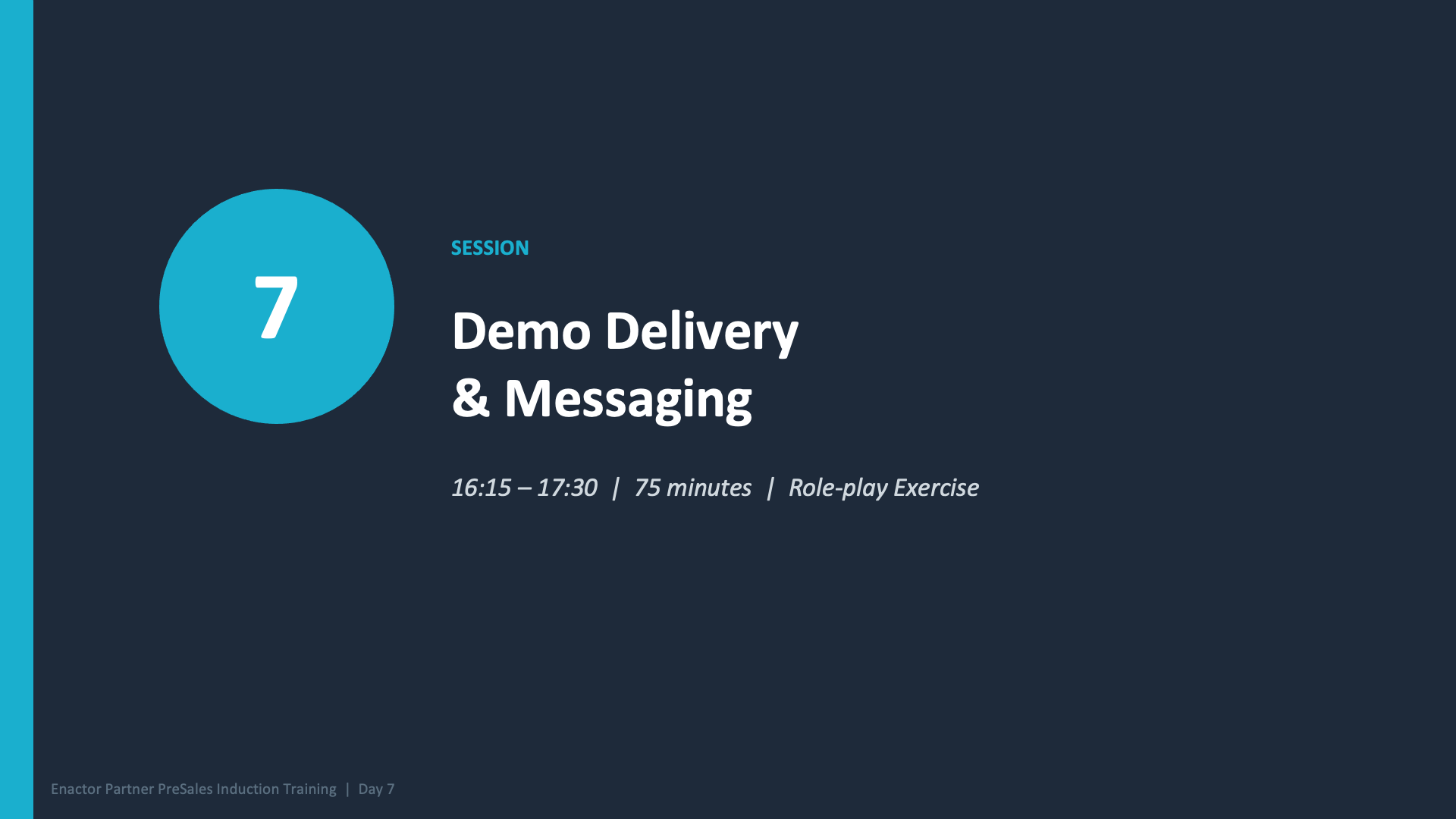 Session 7 divider slide. Dark branded background with teal accent bar on left. Large teal circle with white number 7. Text: SESSION (teal, uppercase). Demo Delivery and Messaging (large white heading, split across two lines). 16:15 -- 17:30 | 75 minutes | Role-play Exercise (grey italic). Footer: Enactor Partner PreSales Induction Training | Day 7.