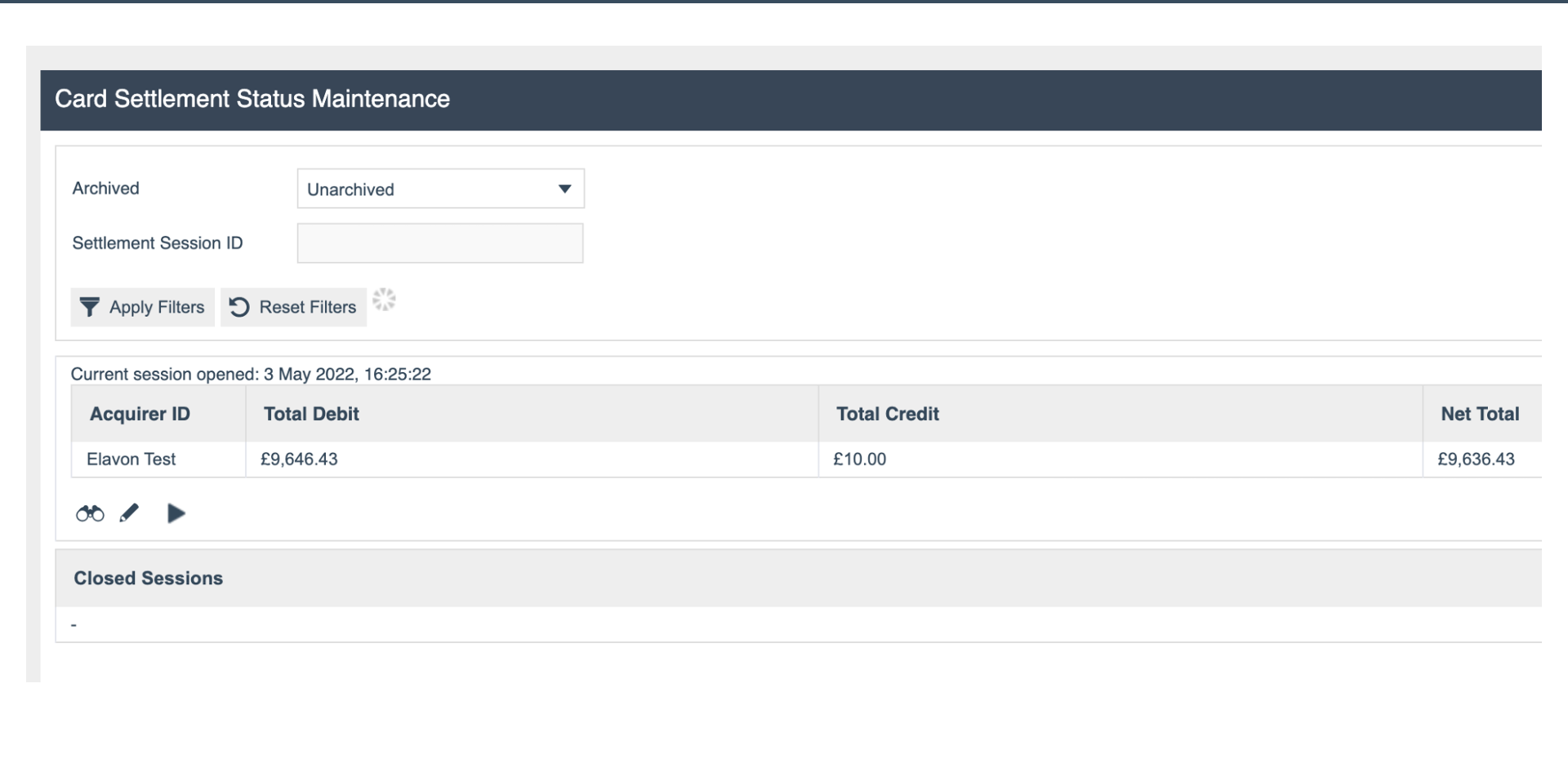 Card Settlement Status screen