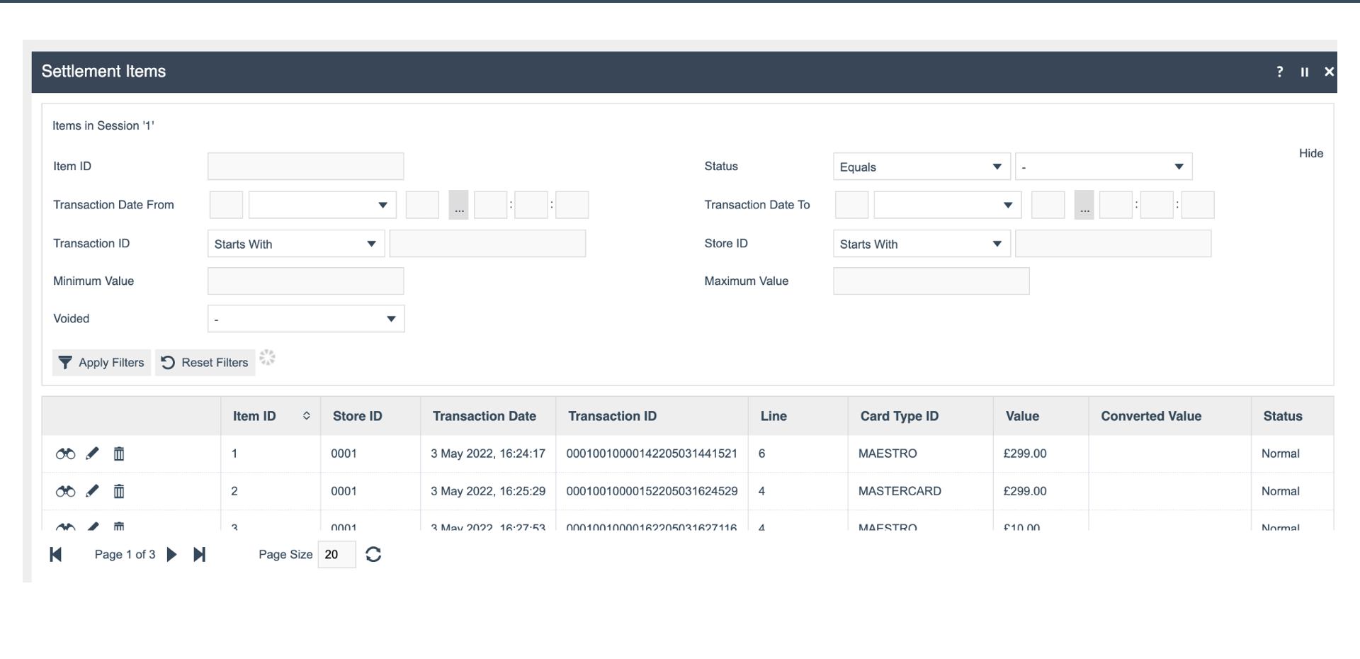 Settlement Items screen