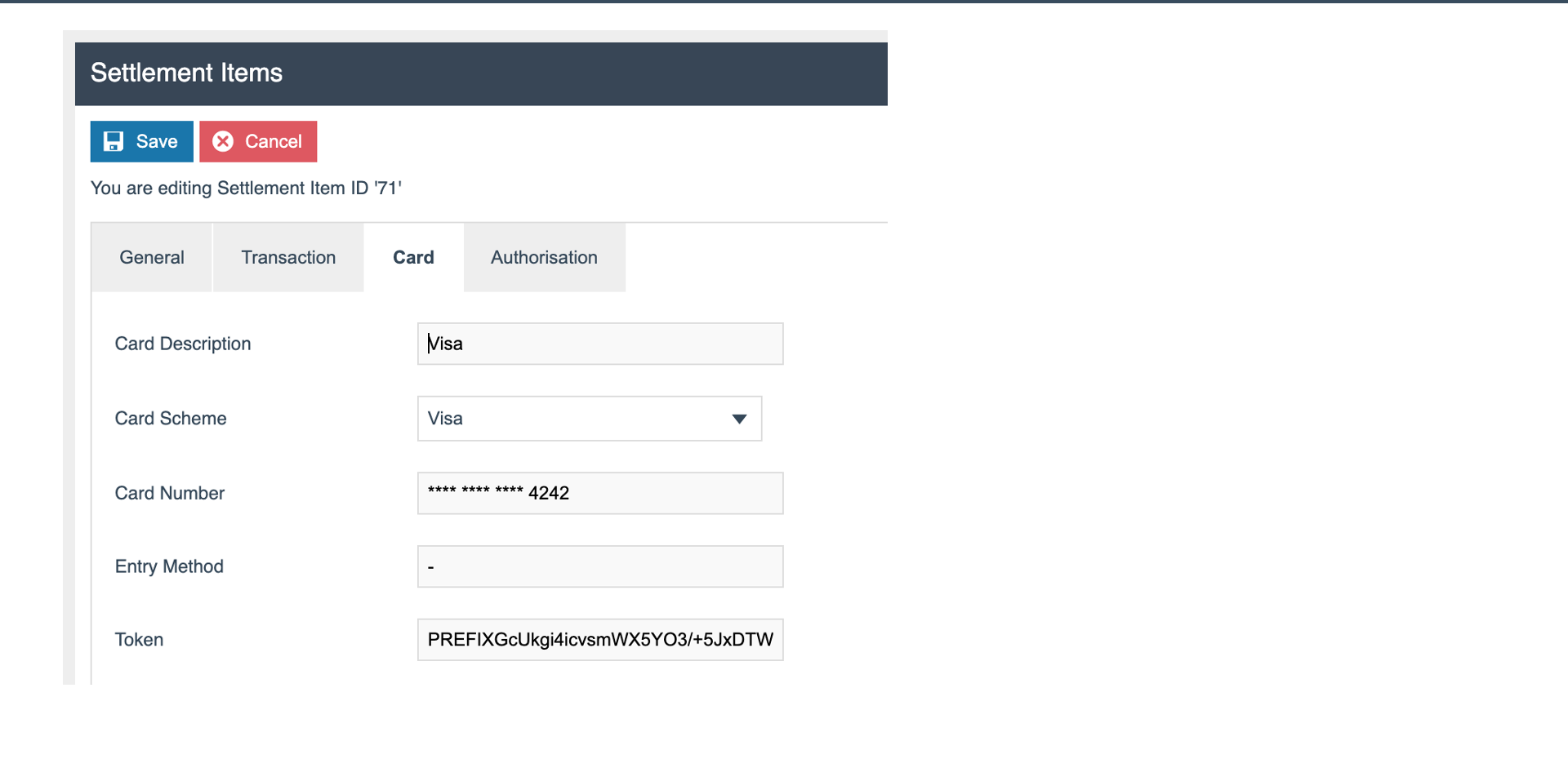 Settlement Item Card tab
