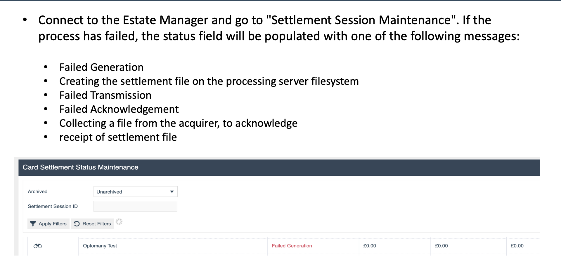 Settlement troubleshooting